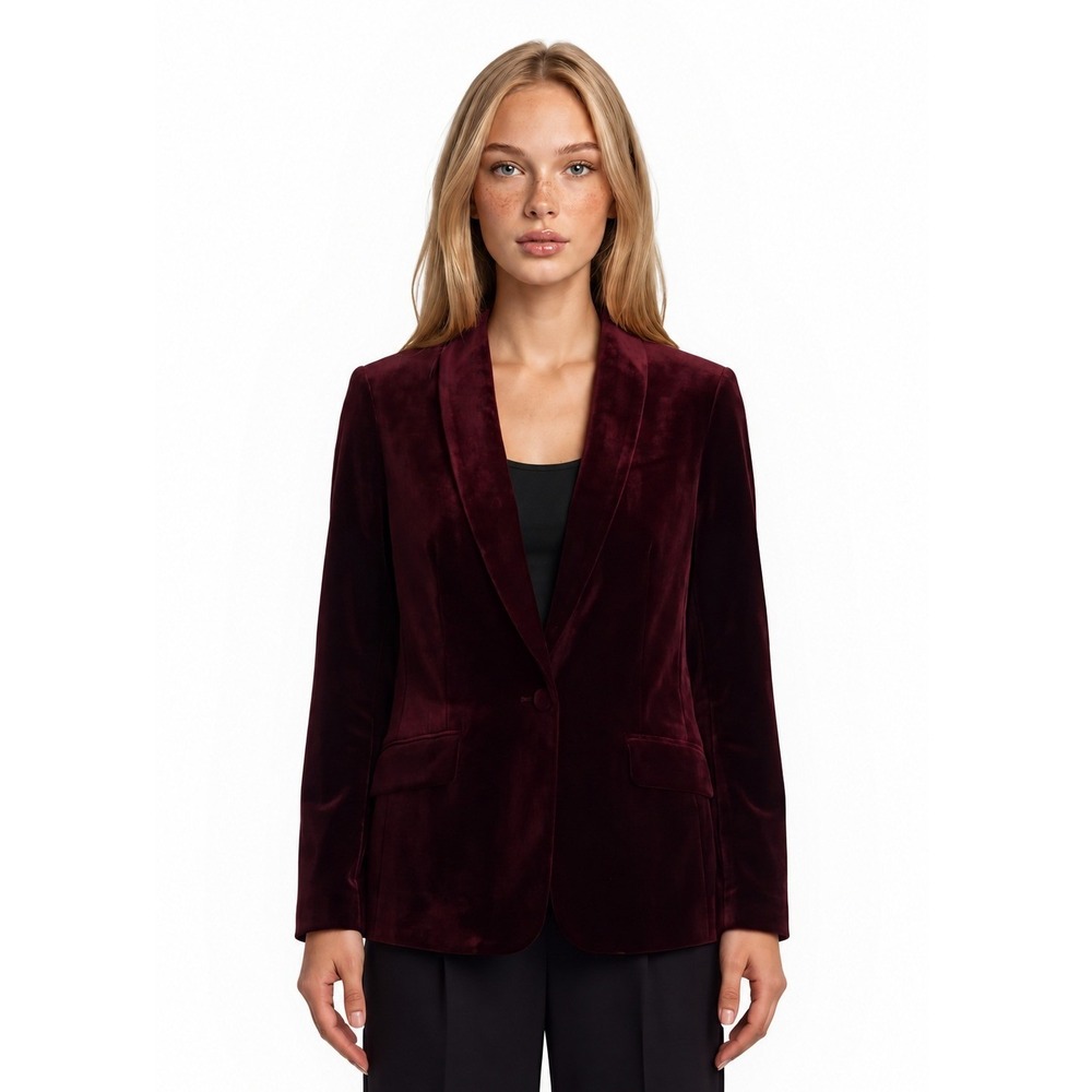 INC Burgundy Velvet Blazer Women's Size Large Shawl Lapel Single Button Jacket